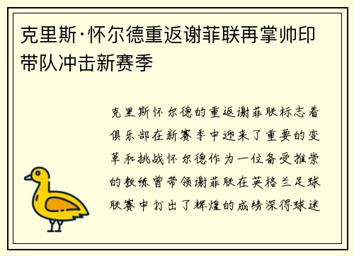 克里斯·怀尔德重返谢菲联再掌帅印带队冲击新赛季